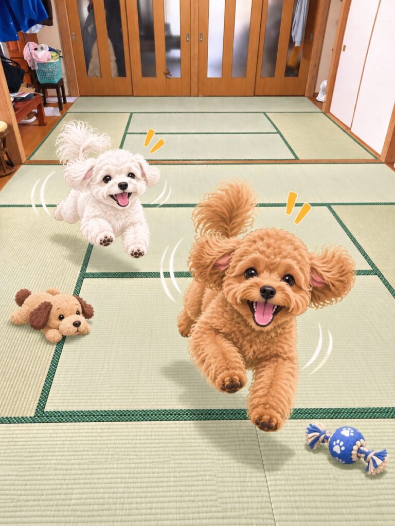 新しい畳の上を走り回るわんちゃんのイメージイラスト